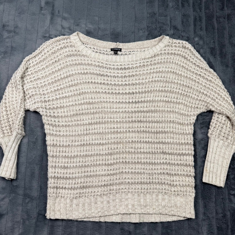 Express Womens Small Beige Open Knit Popcorn Sweater Scoop Neck Ribbed Cuffs
